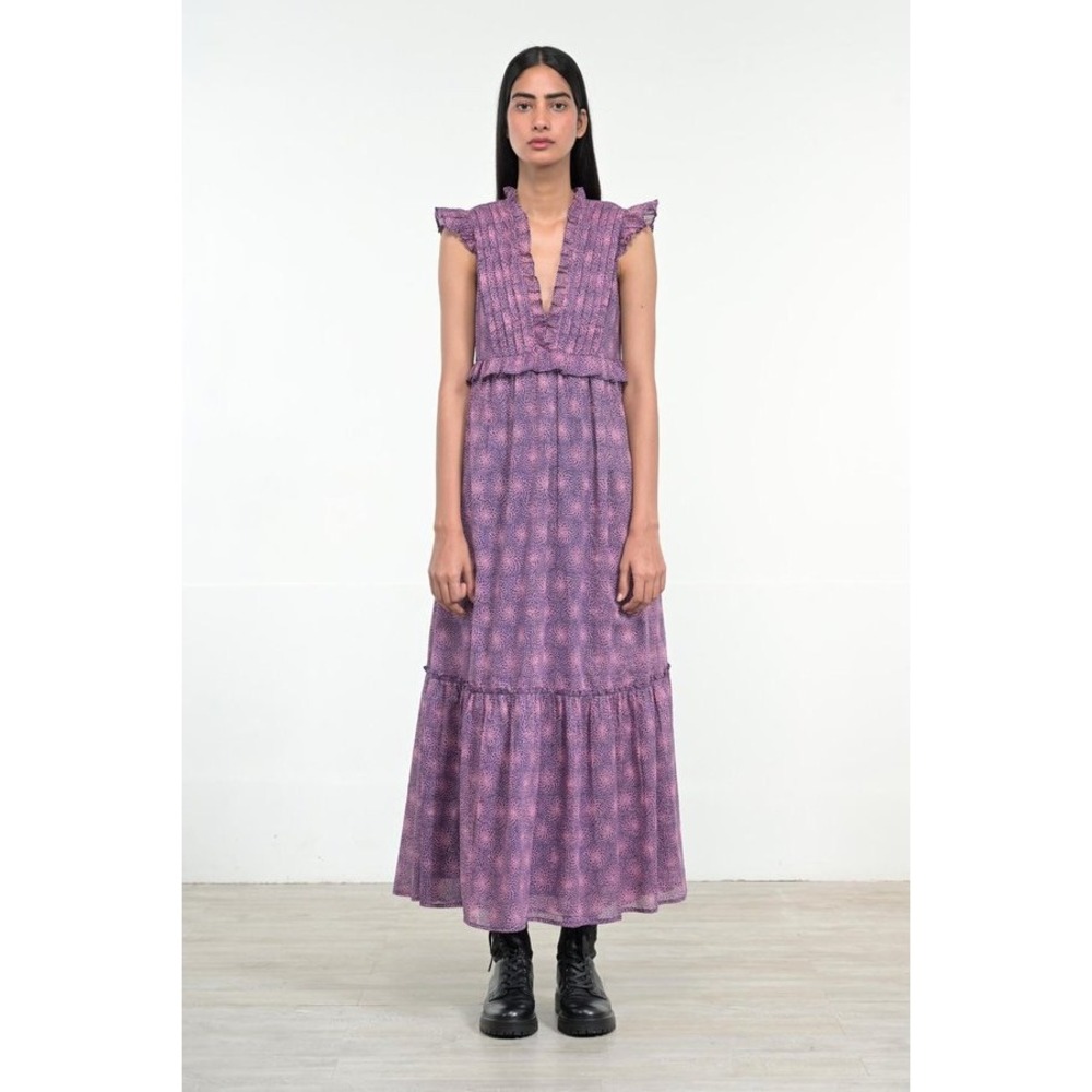 Banjanan Madison Indian Floral Tiered Cotton Maxi Dress S Romantic Boho Pink - Picture 5 of 6